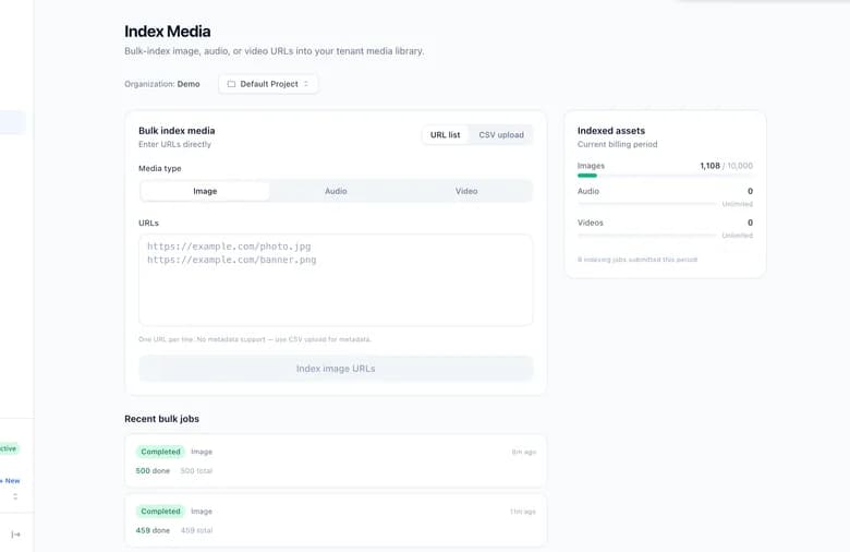 MediaLayer index media page showing 1,108 images indexed with recent bulk jobs