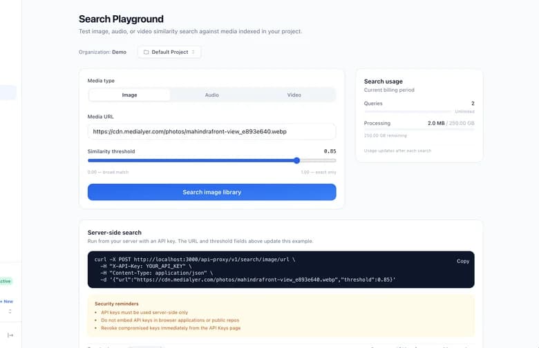 MediaLayer search playground with image URL input and similarity threshold slider